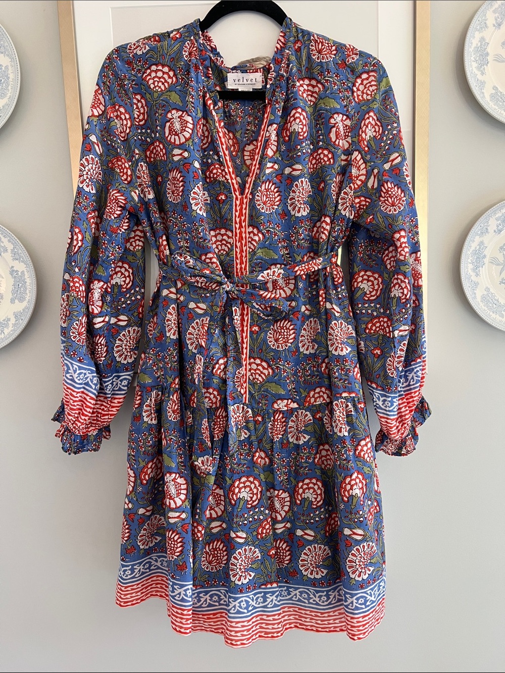 Velvet Floral dress — Blue, coral, Green